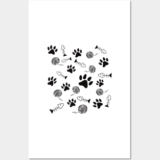 Cat Paw Print, Fish Bones, Ball of Yarn Pattern - Black On White Version Posters and Art